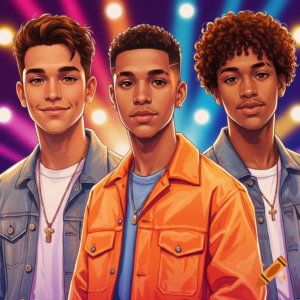 Three young men from a boy band pose against a background of blurred stage lights.