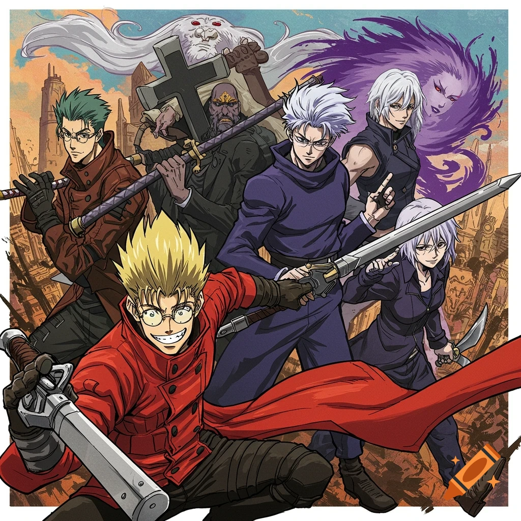 Anime characters from different series posing with weapons in a city landscape.