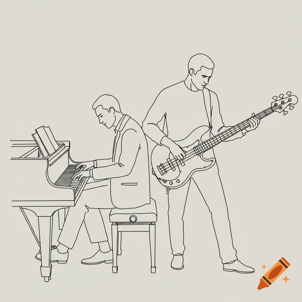 Line drawing of a piano player and a bass player