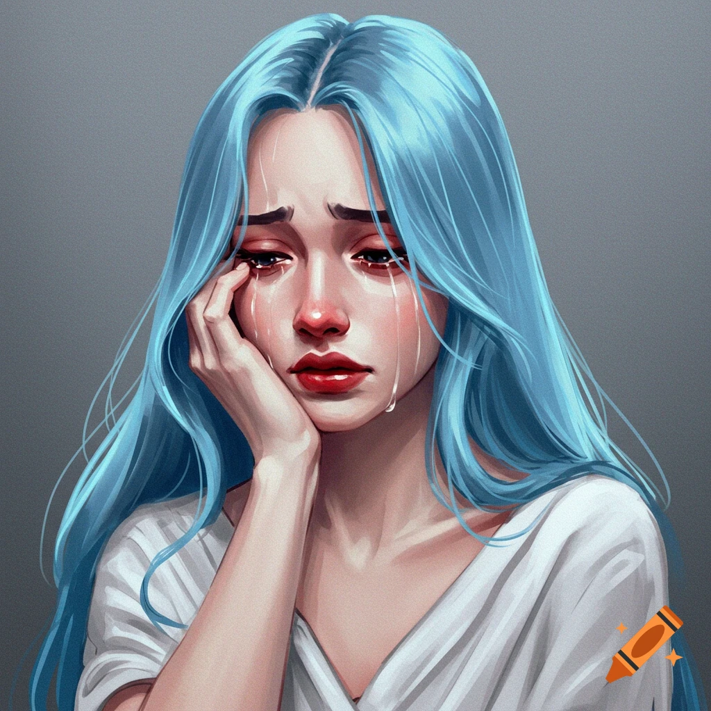 A woman with blue hair is crying and holding her face.