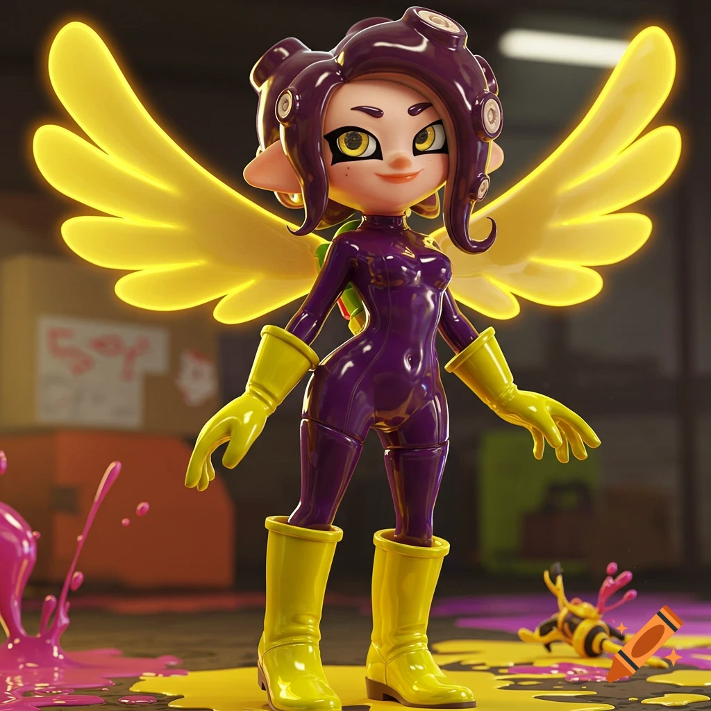 3D render of a purple-suited Octoling from Splatoon with yellow wings and boots, standing on a paint-splattered floor.
