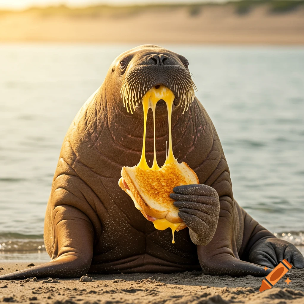 Photorealistic image of a walrus sitting on a beach, holding a grilled cheese sandwich with melting cheese dripping down.