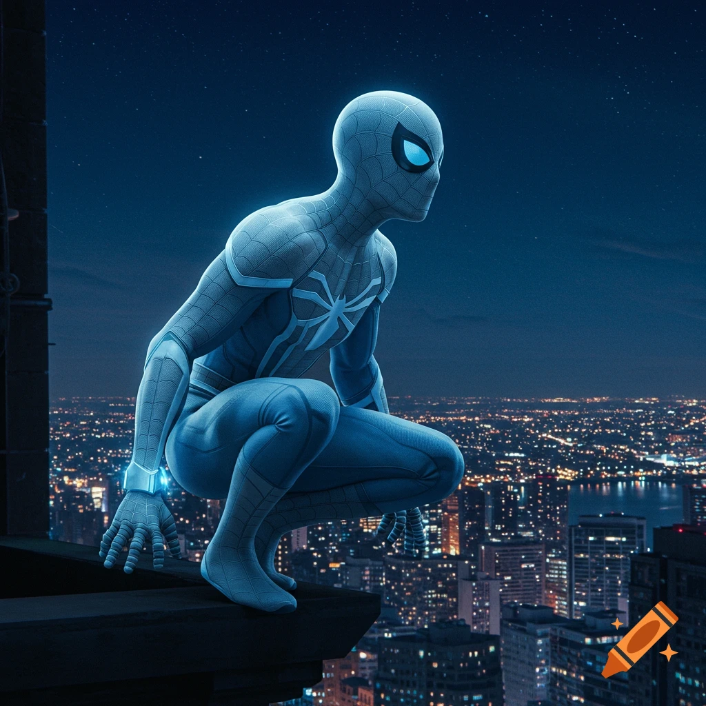 A blue and white Spiderman crouches on a rooftop overlooking a city skyline at night.