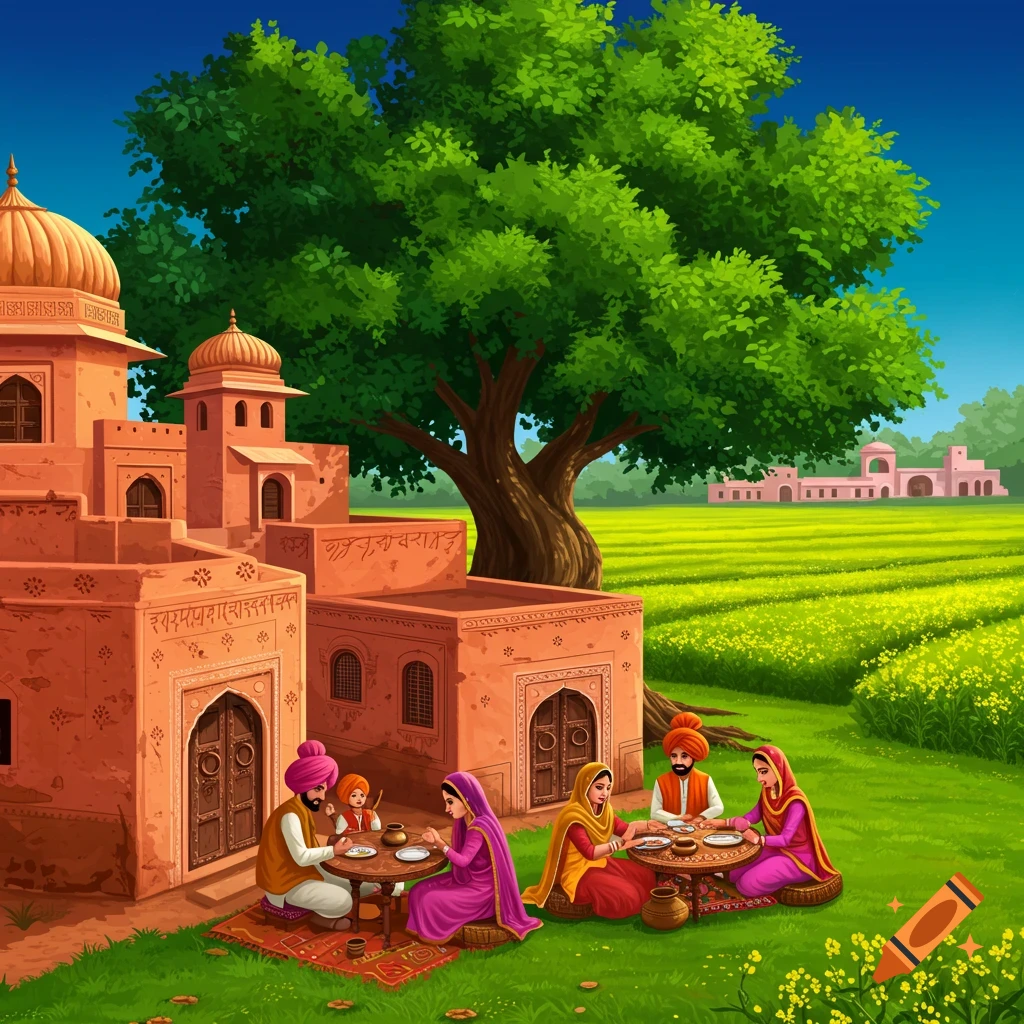 A family eating outside traditional Punjabi buildings in a rural landscape.