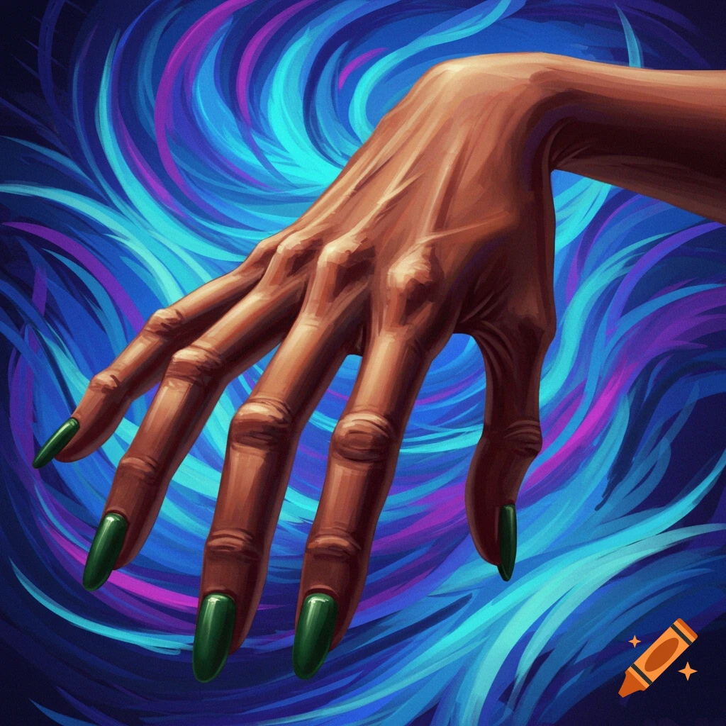A hand with long green nails reaches forward against a swirling blue and purple background.