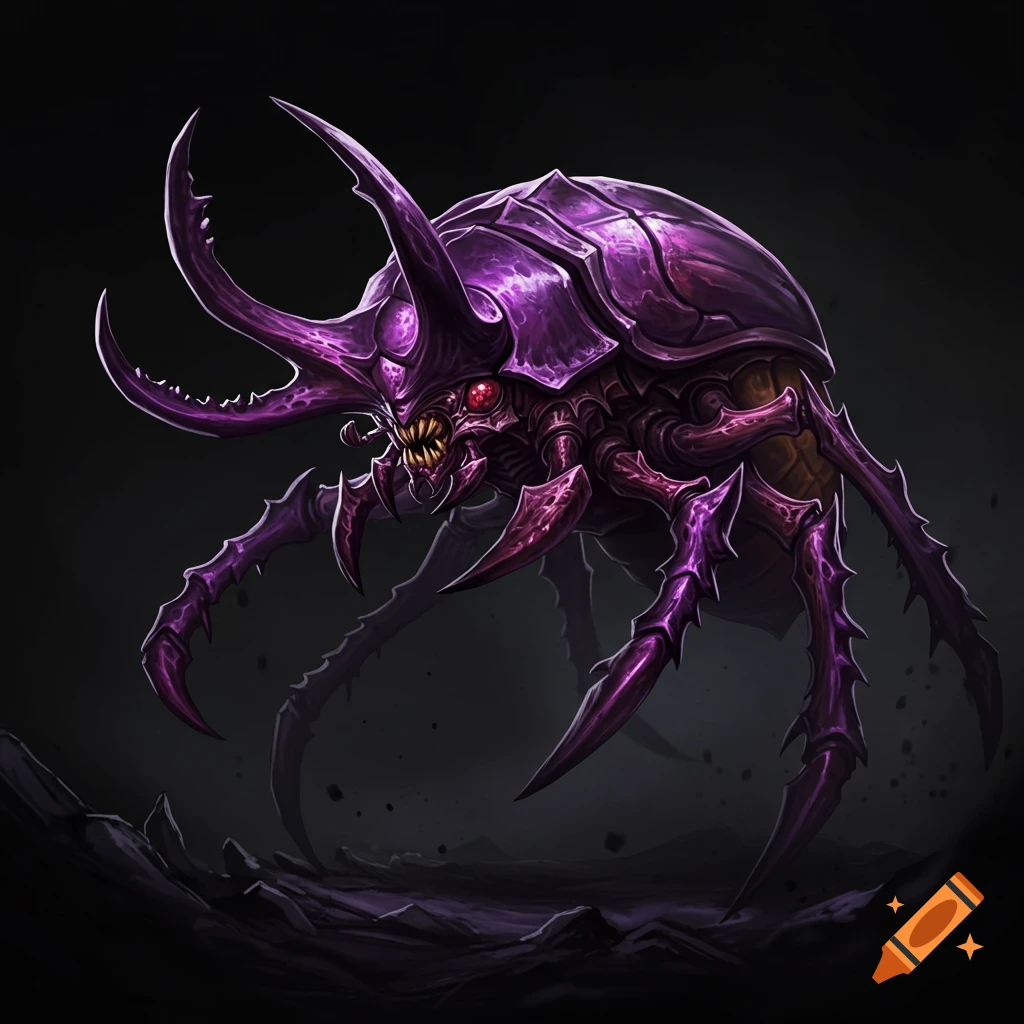 Purple zerg beetle monster with large horns and claws.