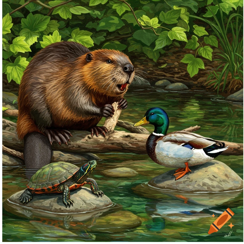 A beaver, duck, and turtle gather by a riverbank