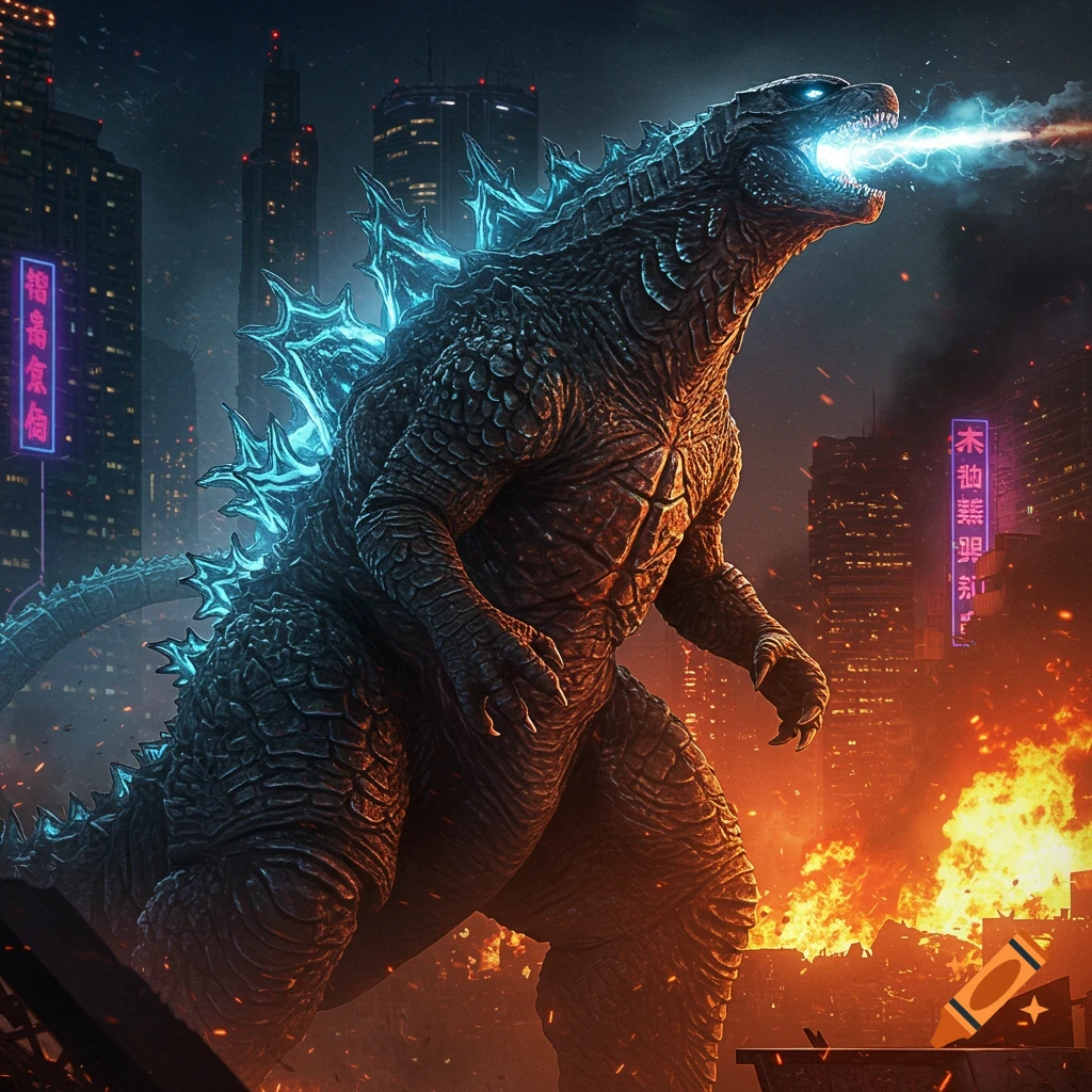 Godzilla attacking a city, breathing blue atomic breath.