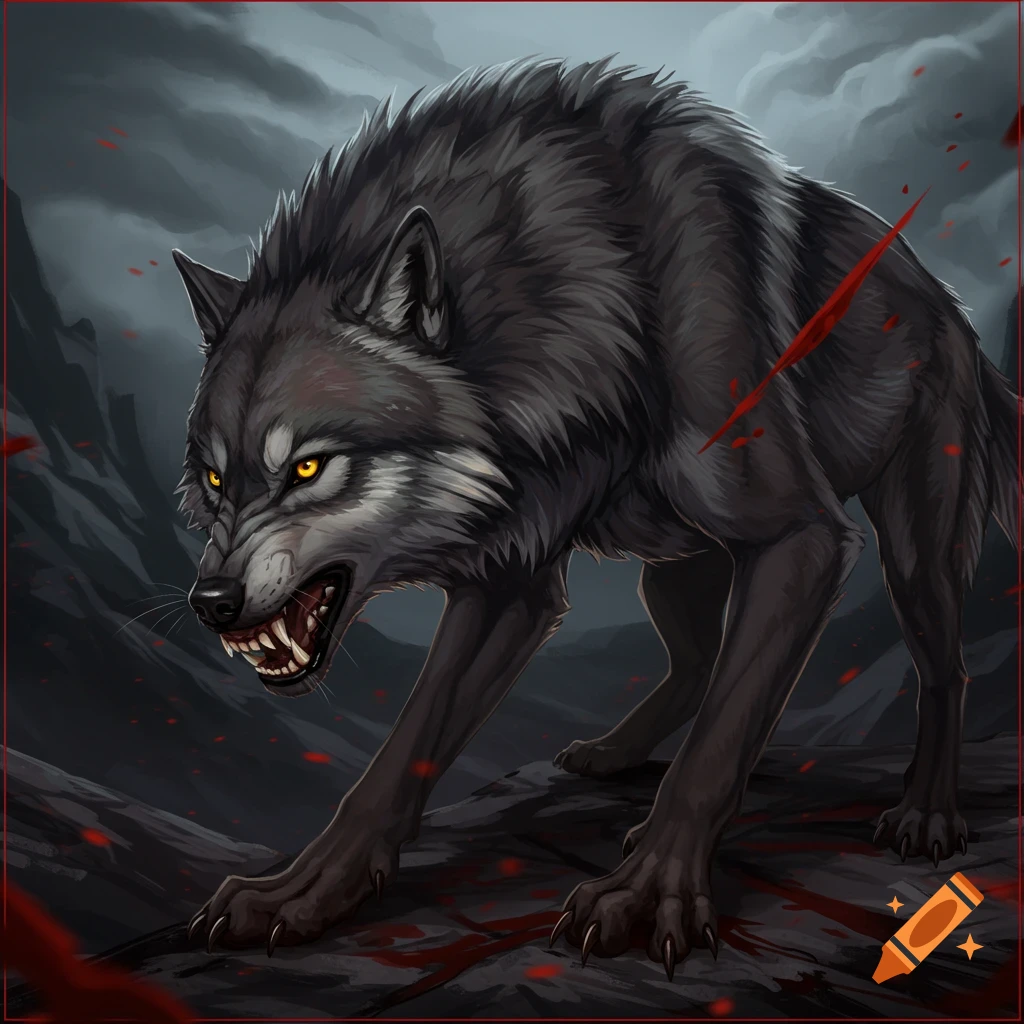 A fierce wolf with glowing eyes and bared teeth is in a dark, stormy setting with blood.