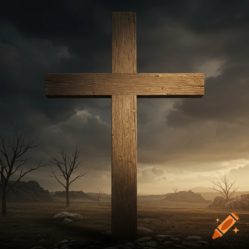 A large wooden cross stands in a field under a dark, stormy sky