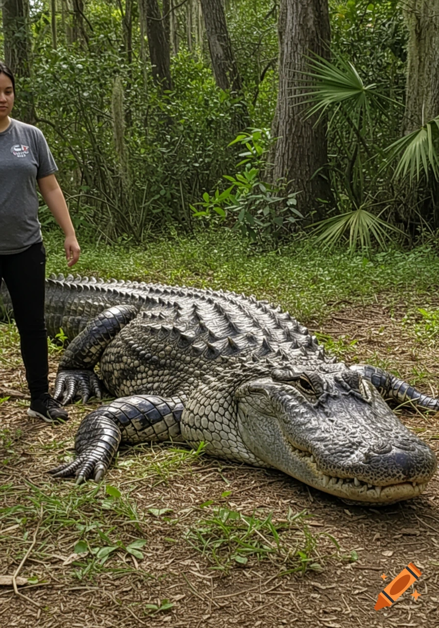 A person stands next to a large alligator lying on the ground in a wooded area.