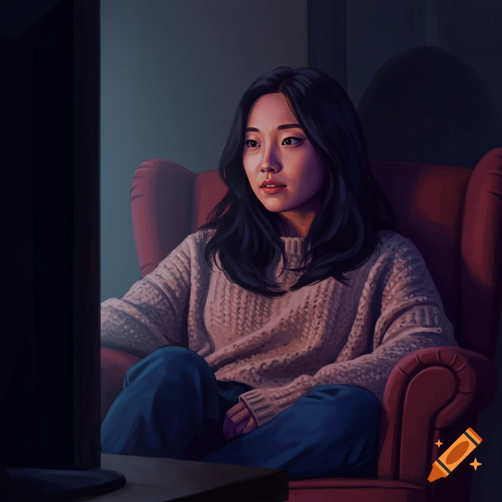 a woman watching TV in a chair