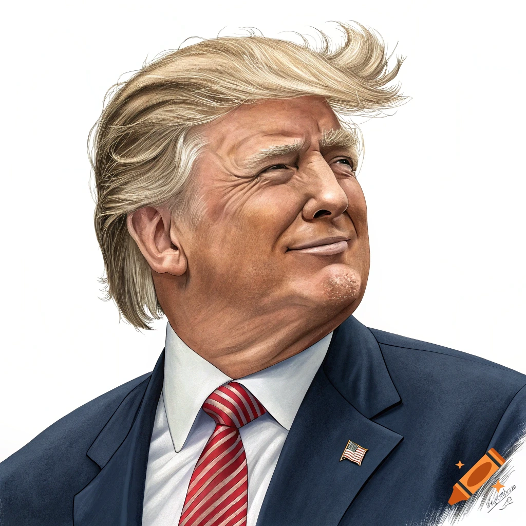 Caricature illustration of Donald Trump looking away and smiling