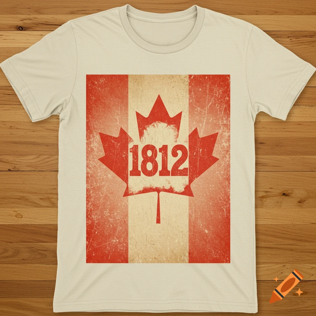 Off-white t-shirt with a vintage distressed Canadian flag and 1812 design on a wood table