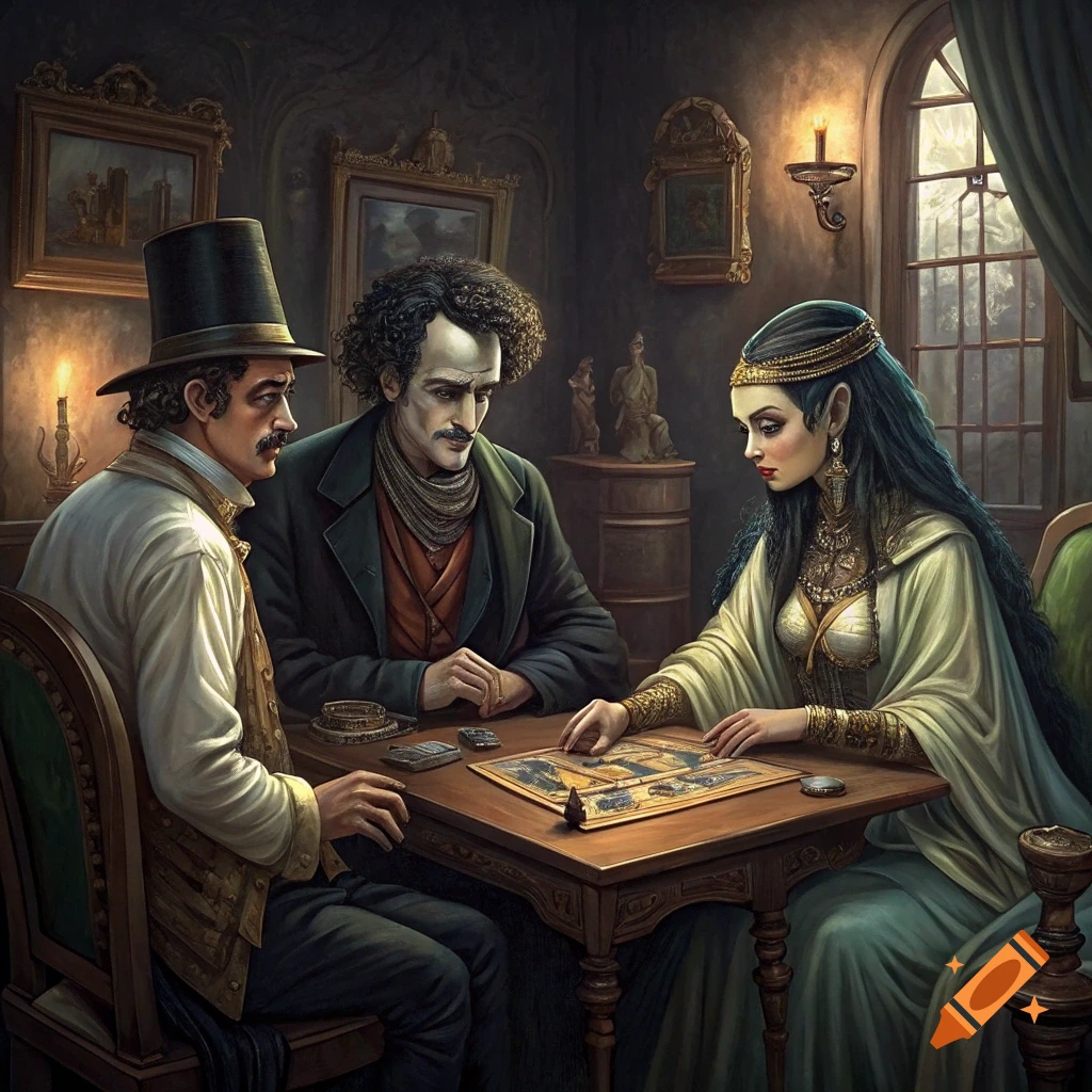 Three figures in historical attire play a game at a table in a dimly lit room.