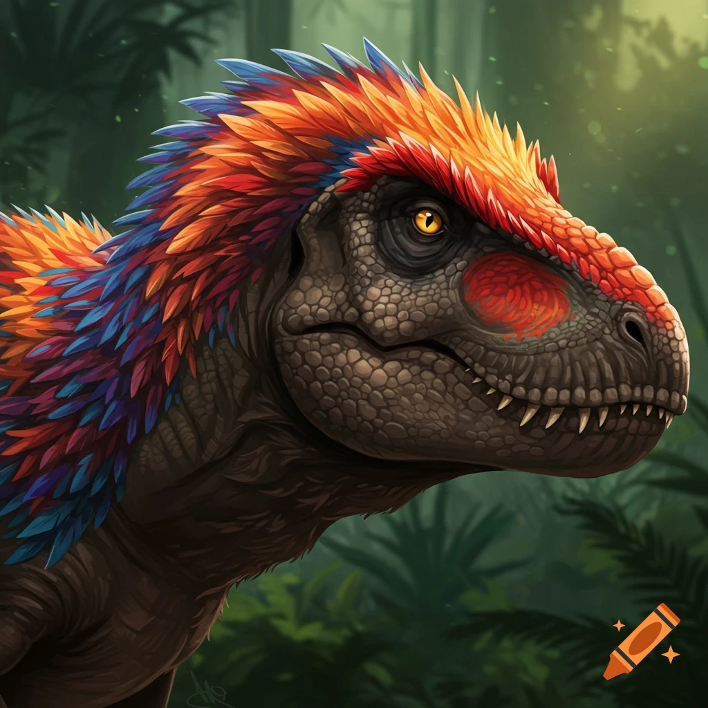 A close-up of a T-rex head with colorful feathers in a jungle.