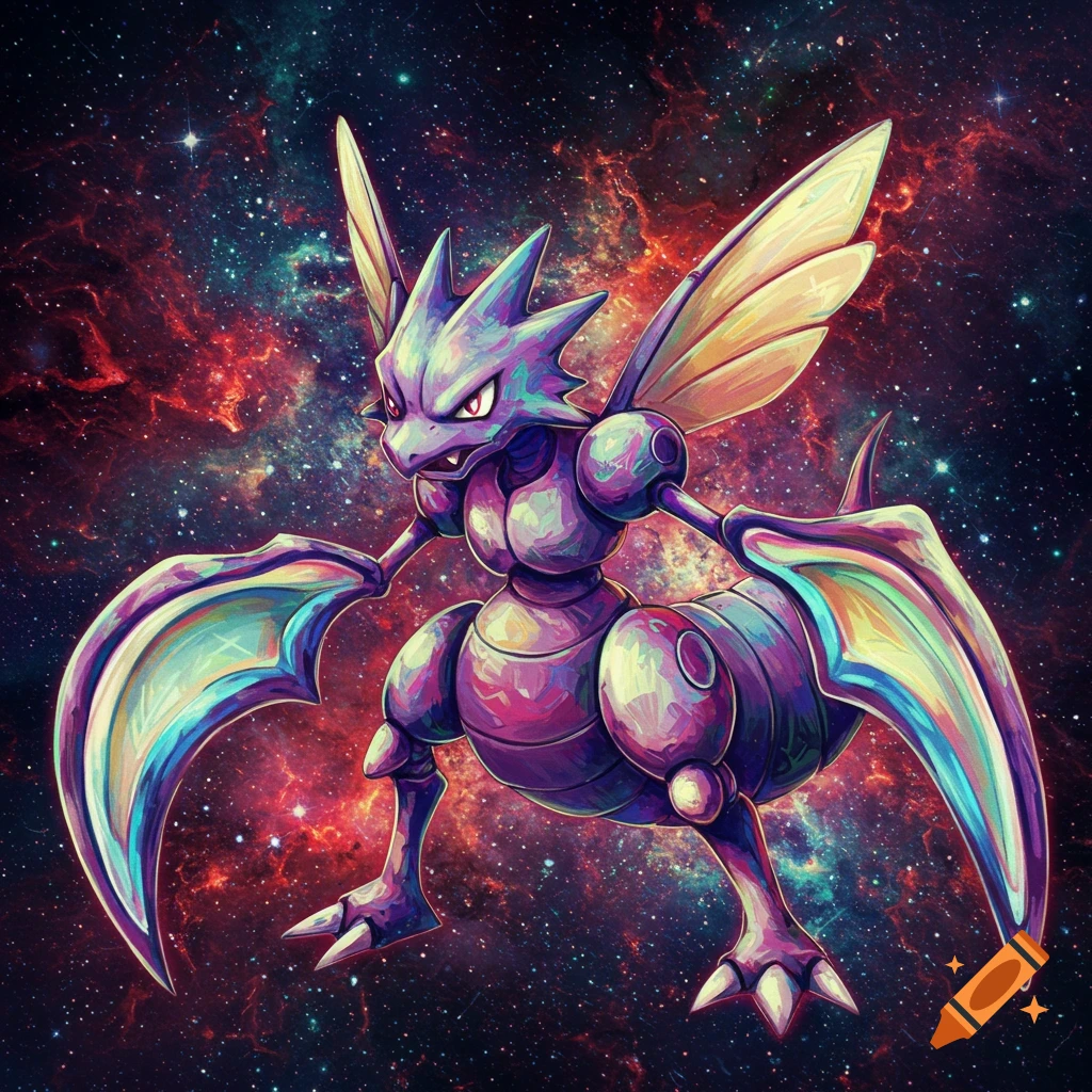 The Pokemon Scyther against a colorful space background.