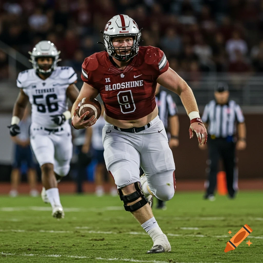 Photorealistic image of a football player running with the ball, another player in pursuit during a night game.