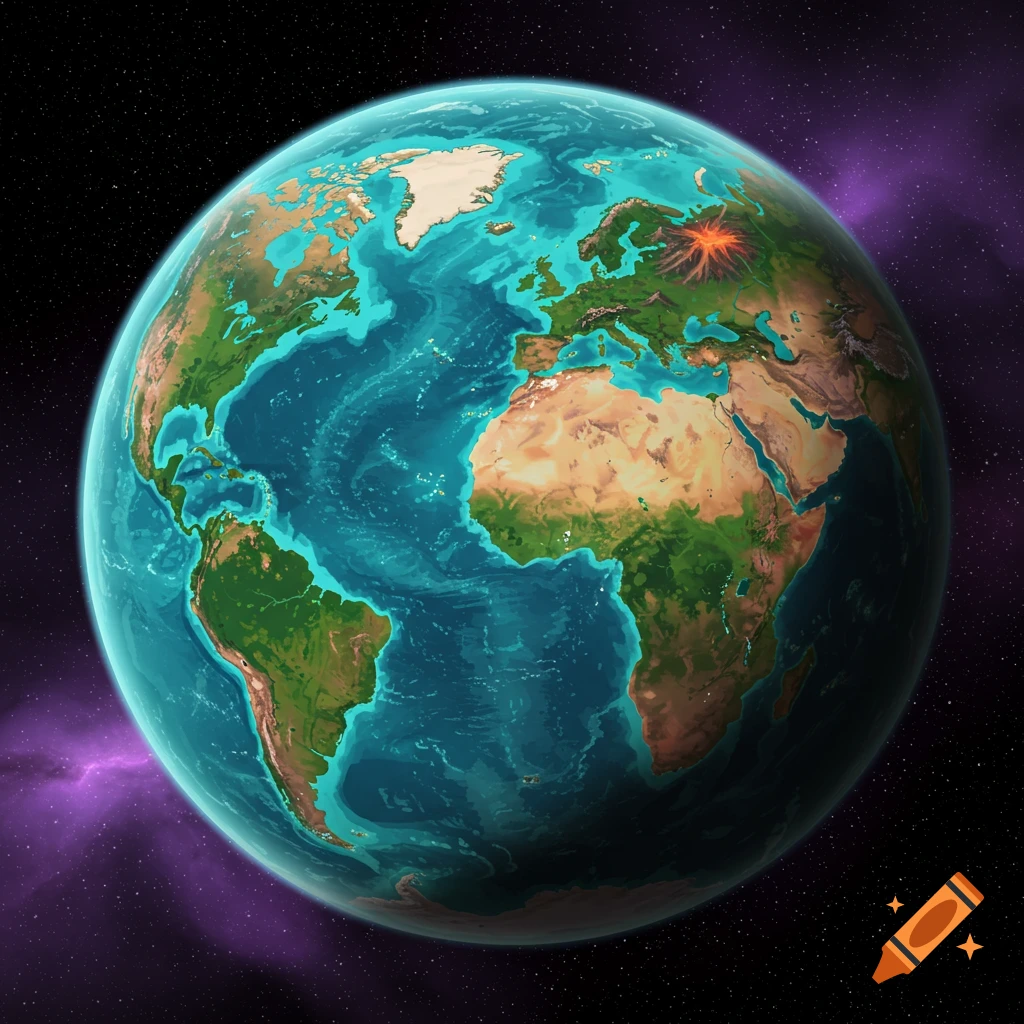 Stylized view of planet Earth from space showing continents and oceans