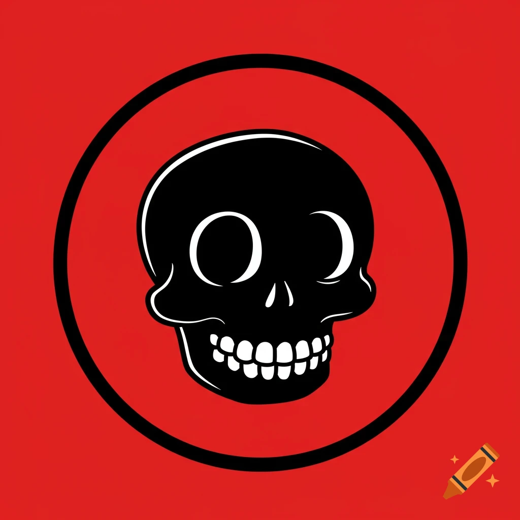 A black cartoon skull inside a black circle on a red background.