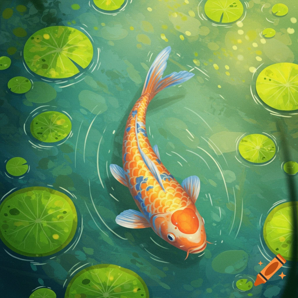 A koi fish swimming in a pond with lily pads