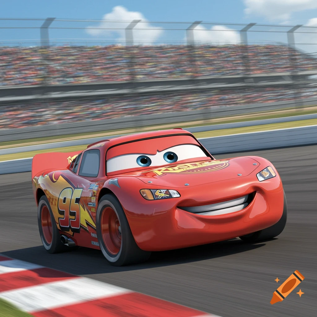 A red cartoon race car, Lightning McQueen, races on a track.