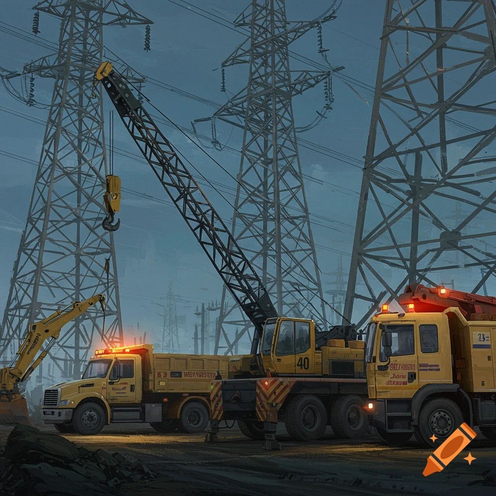 Construction vehicles under power lines.