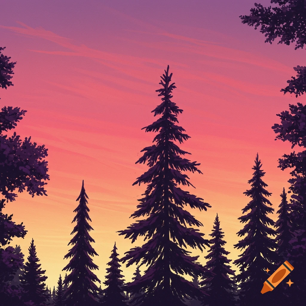 A pink and orange sunset behind dark trees.