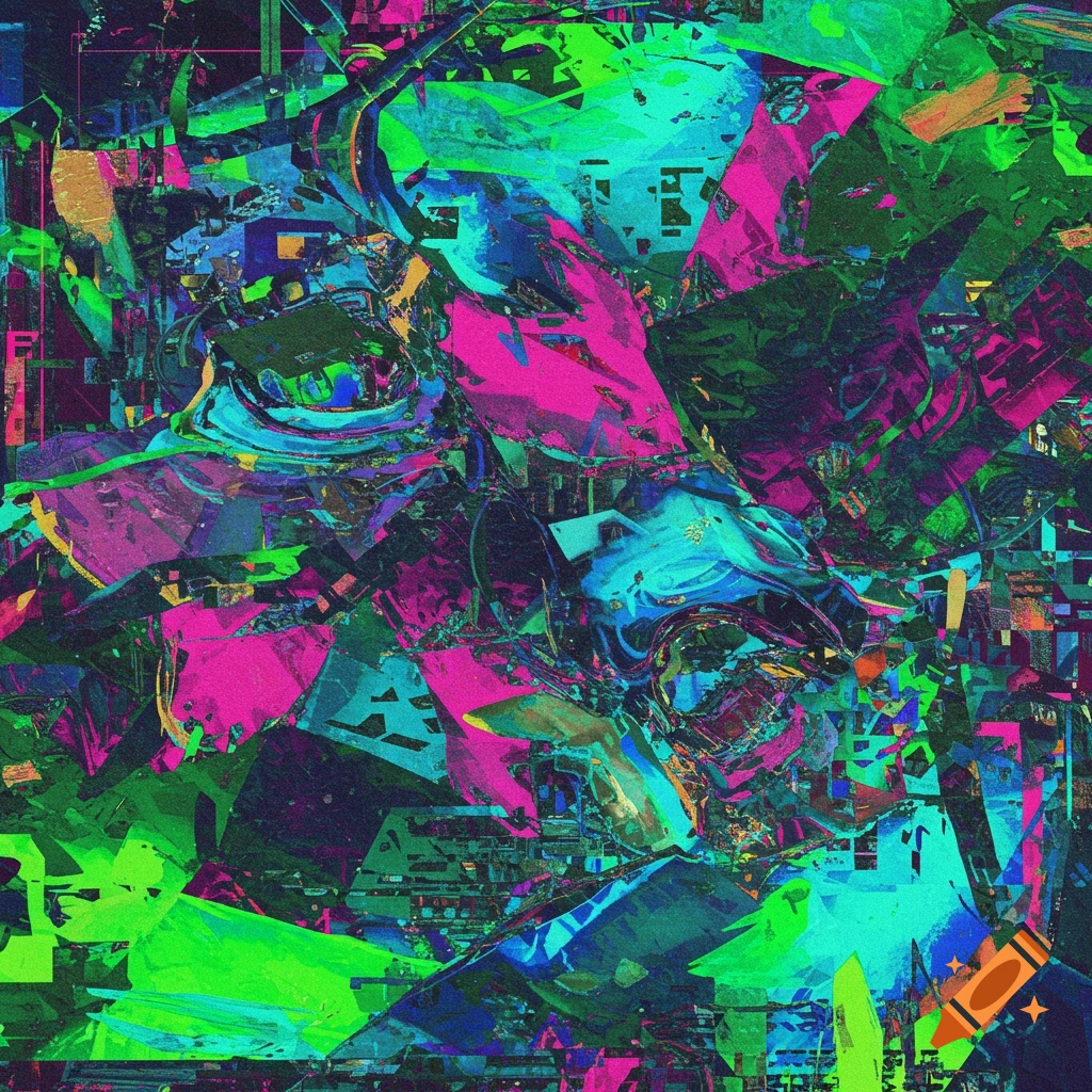 Abstract image with fragmented shapes in pink, green, and blue.