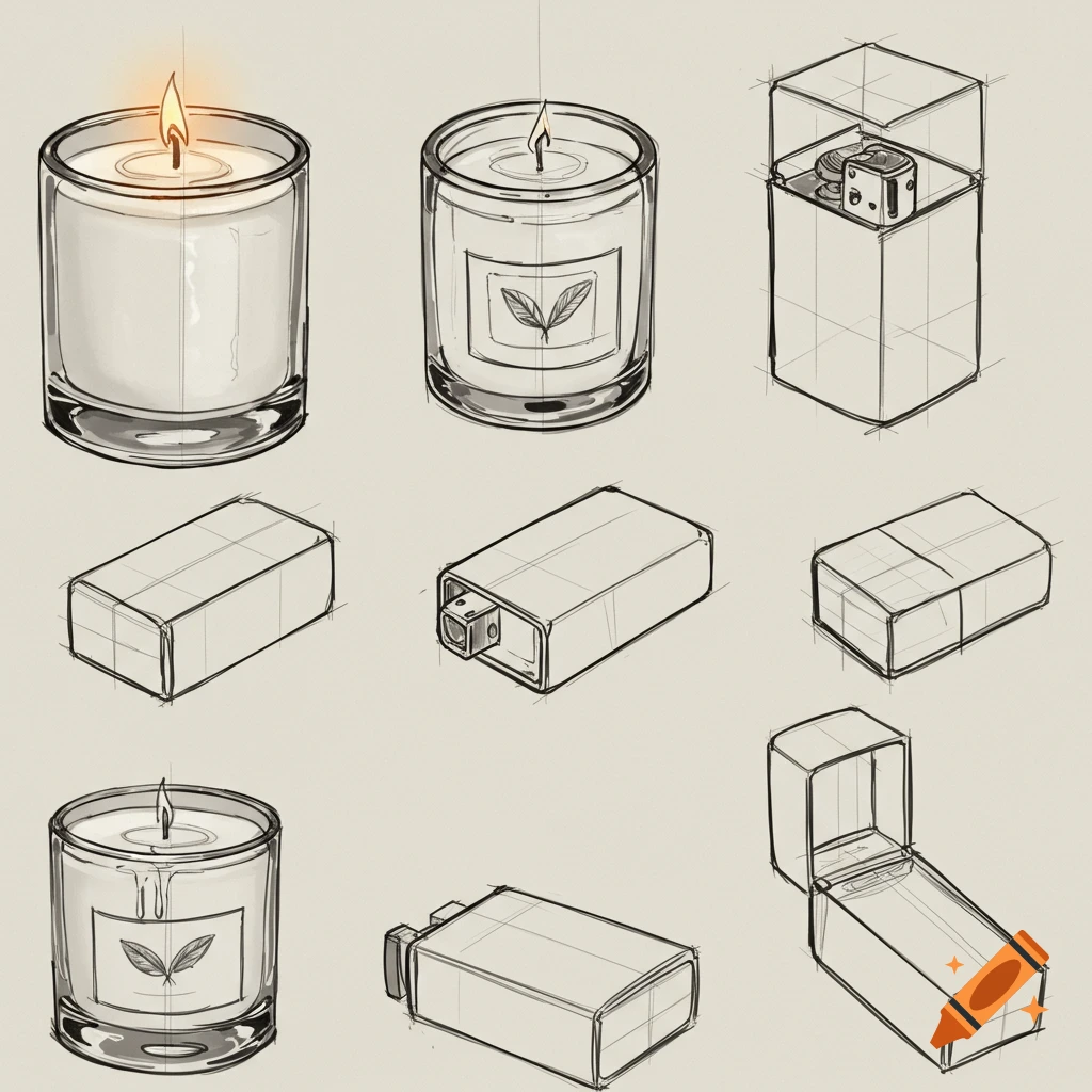 Multiple sketch drawings of candles and box lighters from different angles.