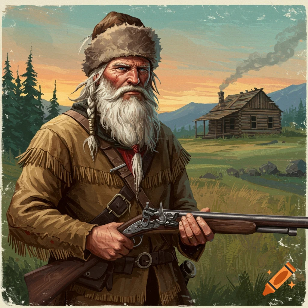 An old mountain man with a beard holds a musket in a mountain landscape with a log cabin.