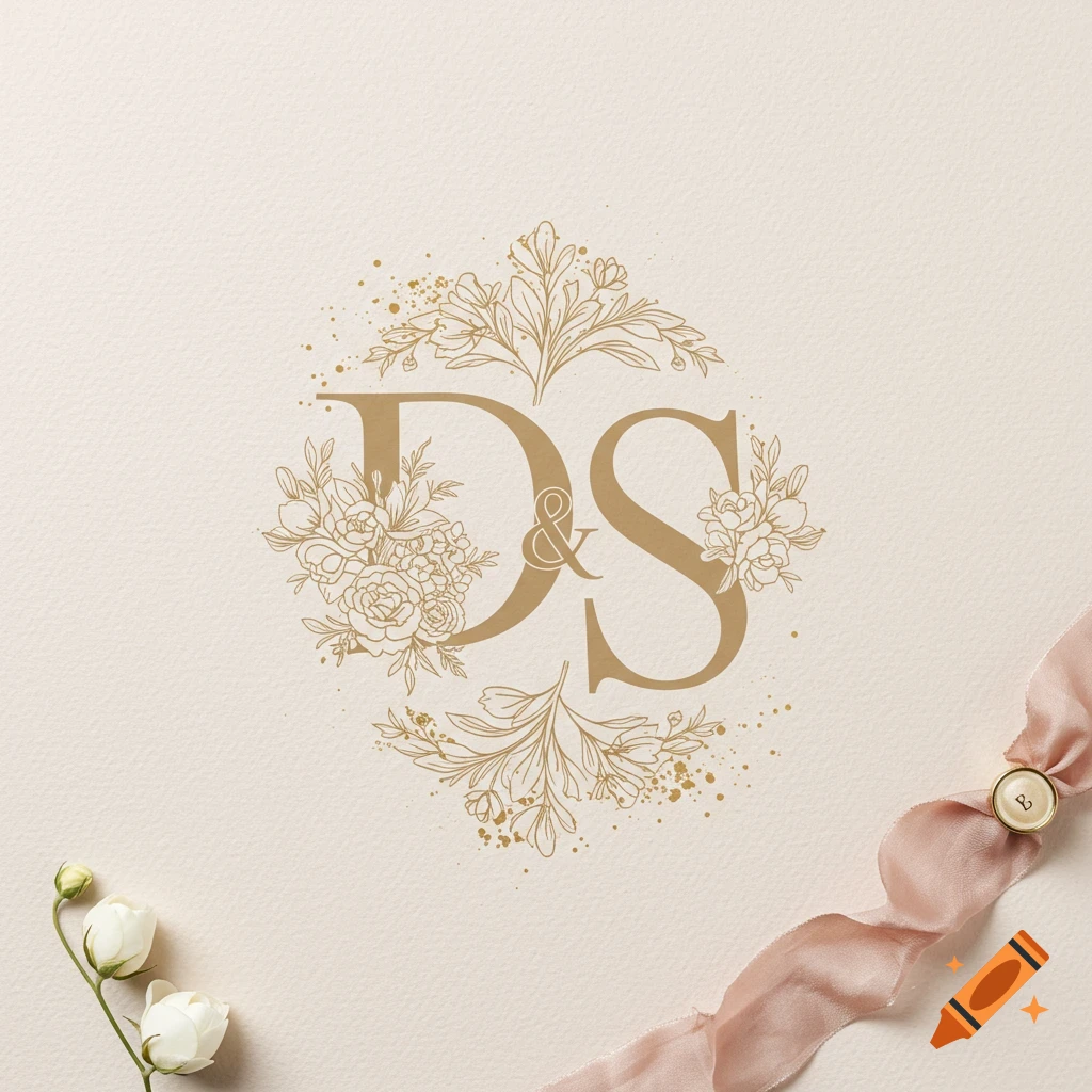 An elegant gold monogram of letters D&S surrounded by line art floral elements on a light textured background with a pink ribbon and white flowers.