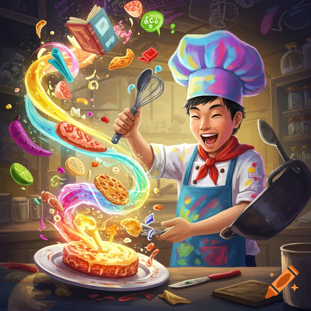 A joyful chef magically cooking, with colorful food and ingredients swirling around him.