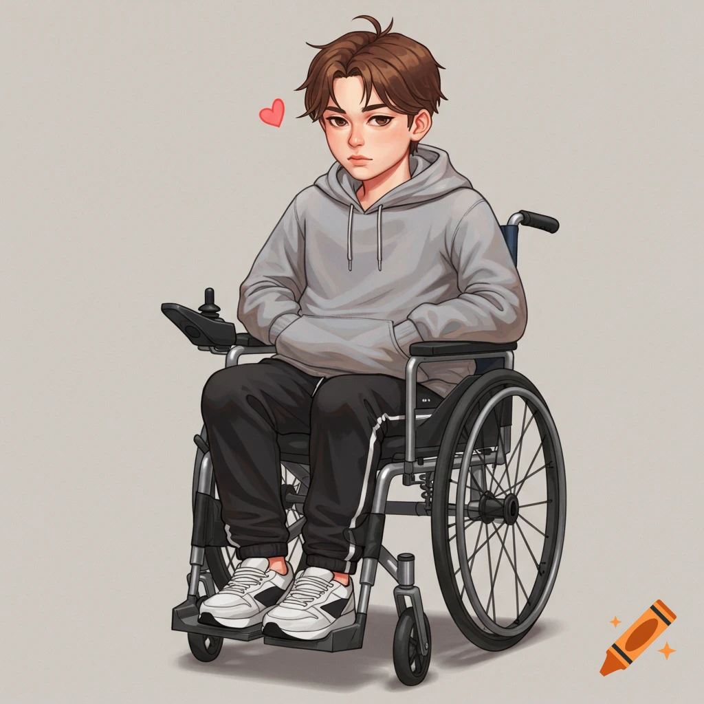 A cartoon boy in a grey hoodie sits in a wheelchair, with a red heart symbol.