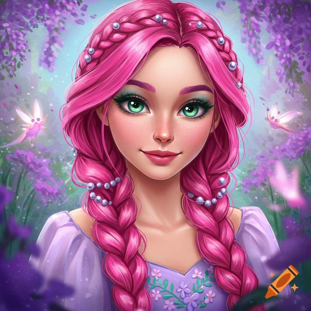 A smiling girl with pink braided hair and green eyes is surrounded by purple flowers and fairies.