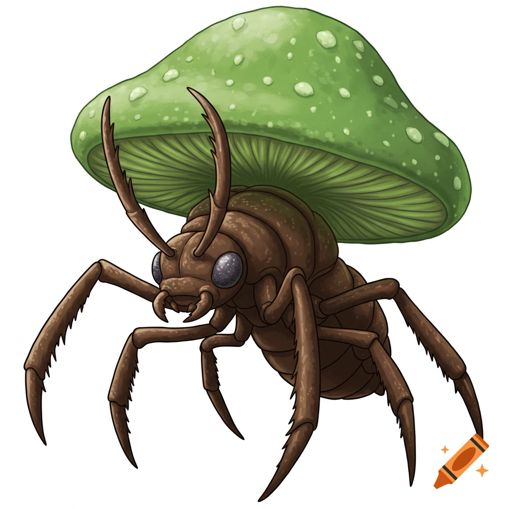 Illustration of a brown insect creature with a large green mushroom cap on its back.