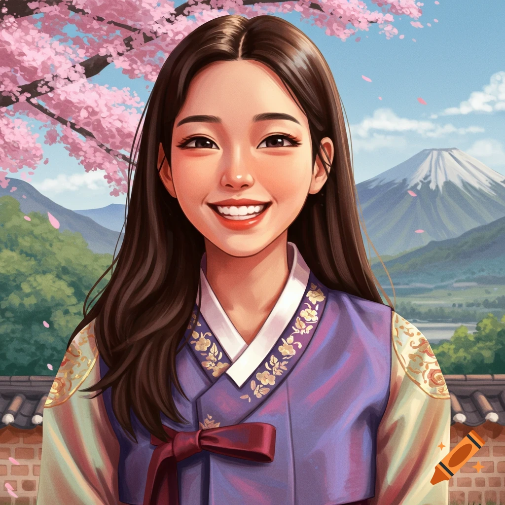 A young woman in traditional Korean hanbok is smiling in front of cherry blossoms and mountains.