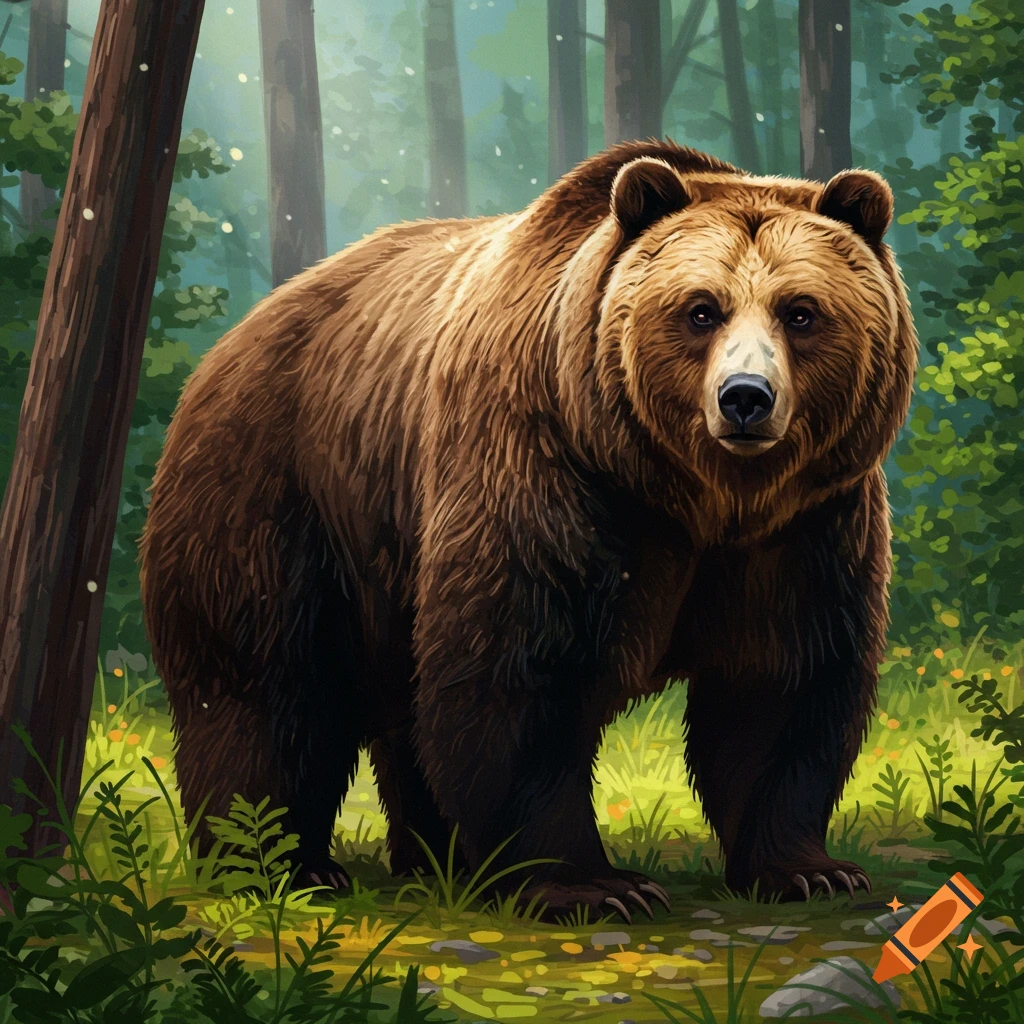 A large brown bear stands in a forest.