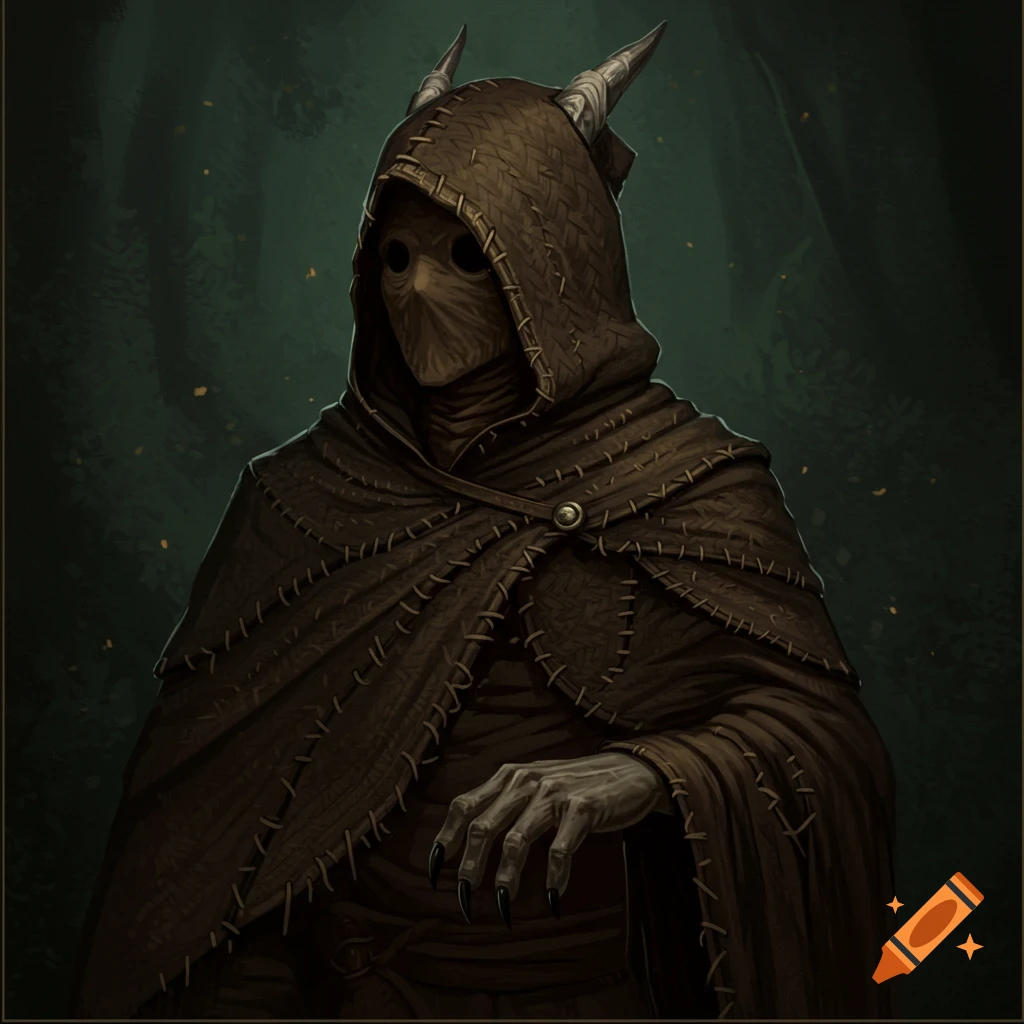 A figure in a dark hooded cloak with horns and claws, face hidden by a mask