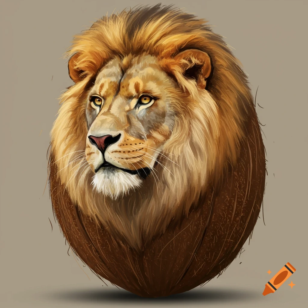 A lion's head and mane on a brown coconut shape.