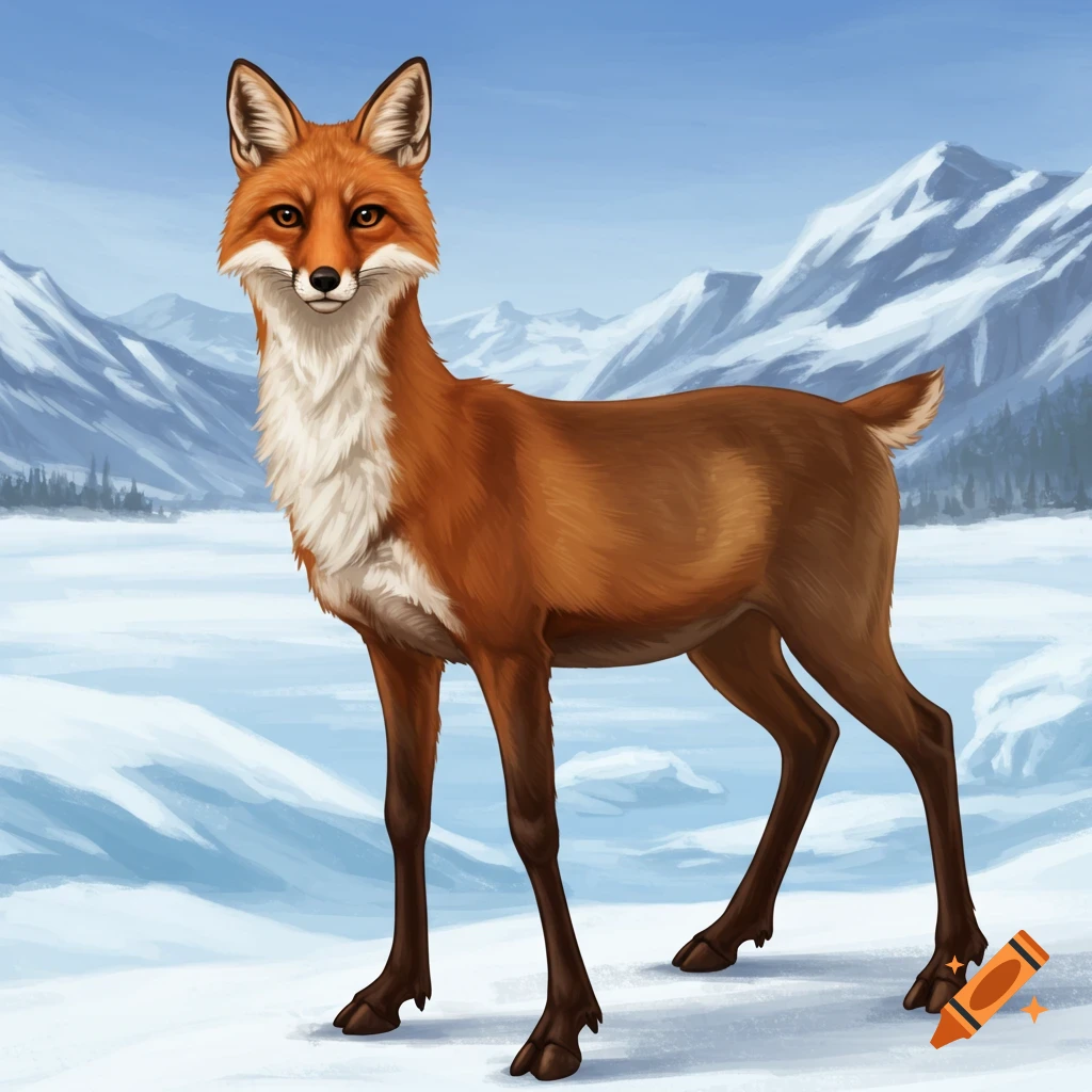 A fox-caribou hybrid stands in a snowy mountain landscape.
