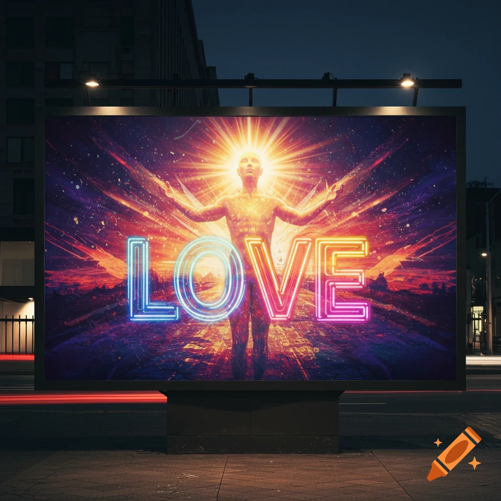 A billboard at night displaying a stylized figure radiating light and the neon word 'LOVE' in front of a cosmic background.