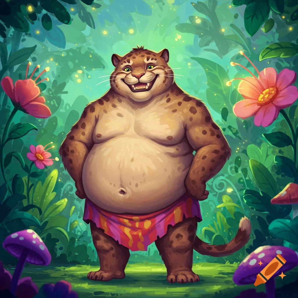 A cheerful, fat, humanoid leopard stands in a colorful fantasy jungle.