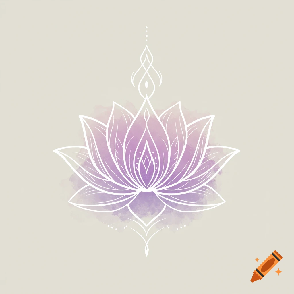 White line art lotus flower illustration with purple watercolor inside on a beige background