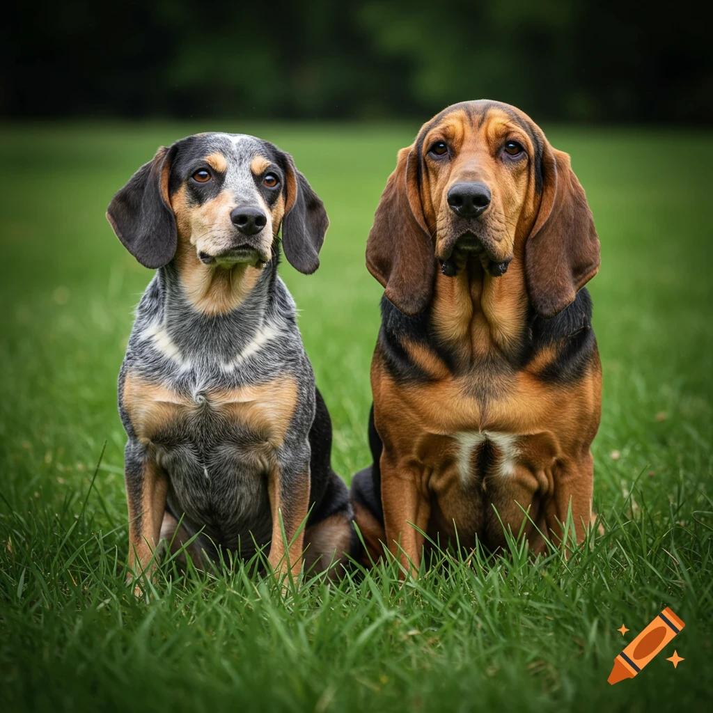 Two dogs, a Bluetick and a Bloodhound, sit in green grass
