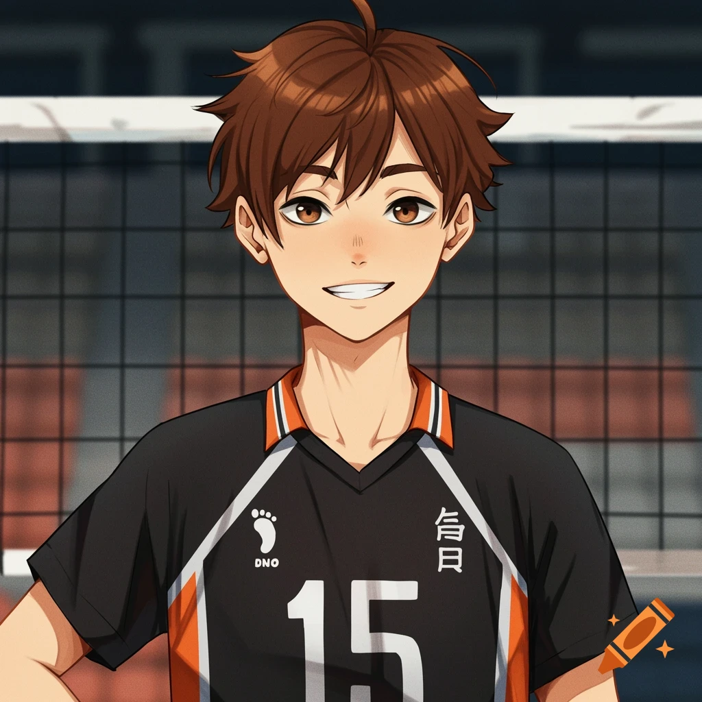 Anime illustration of a smiling boy in a black volleyball jersey with number 15.