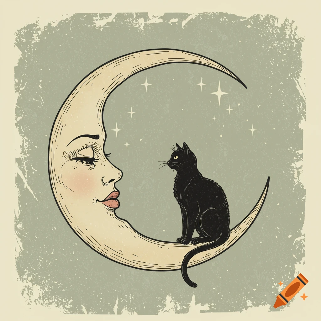 Vintage illustration of a black cat sitting on a crescent moon with a human face.