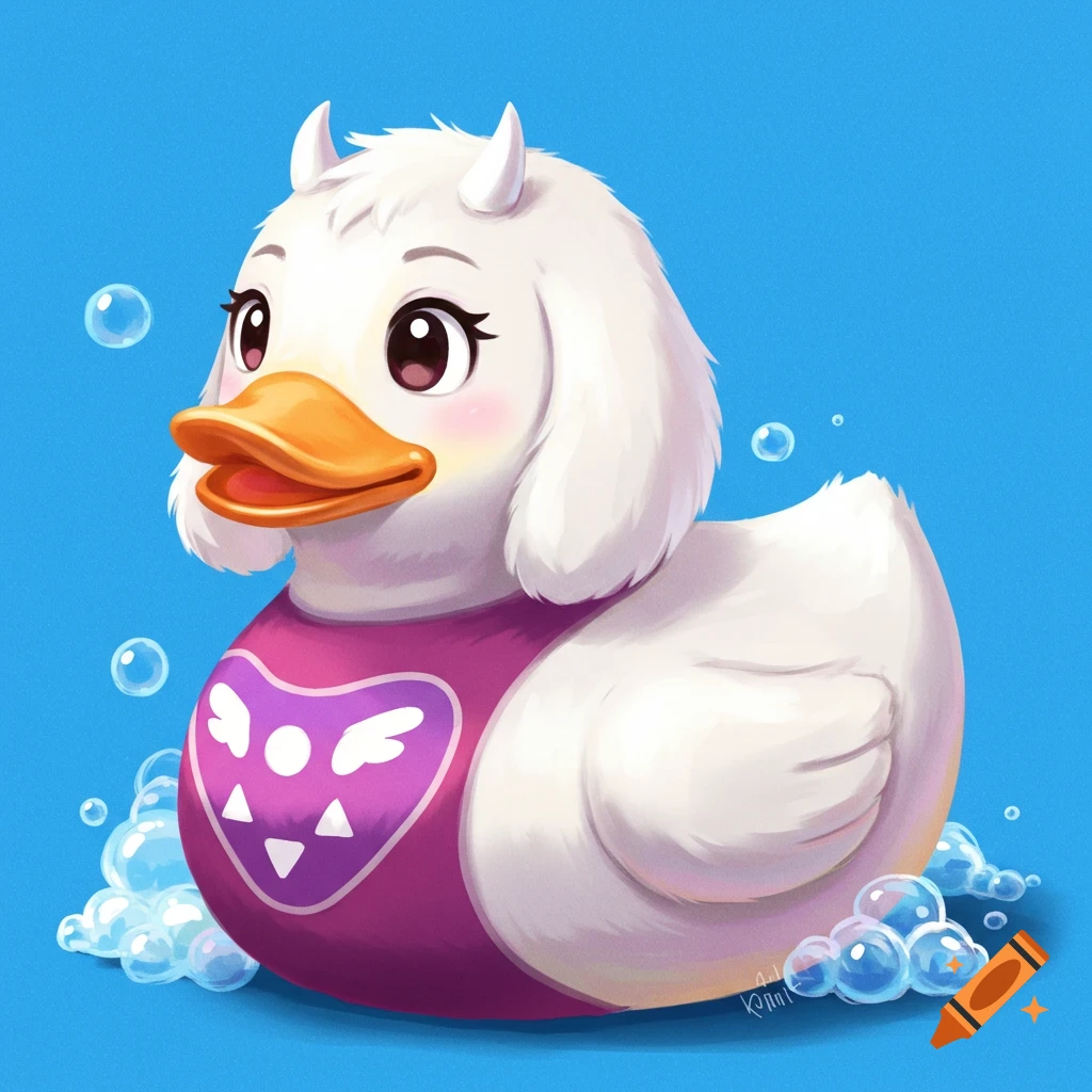 A rubber duck designed as Undertale's Toriel, floating in water with bubbles.