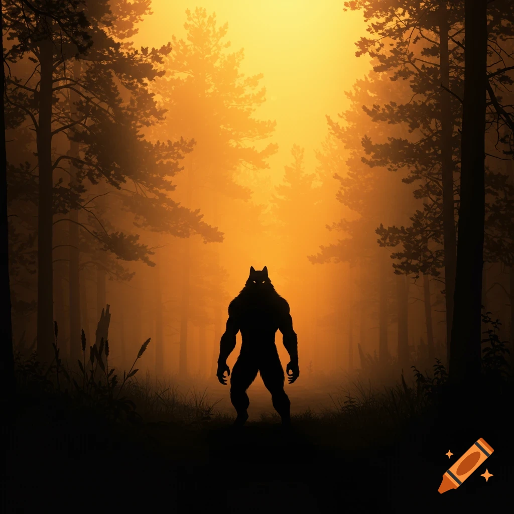 Silhouette of a werewolf standing in a misty forest clearing at sunrise.