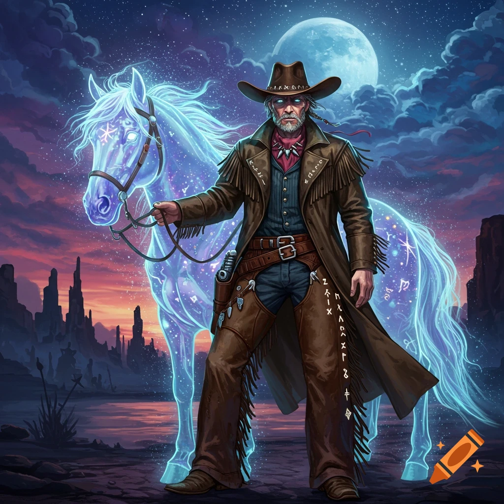 A magical cowboy stands beside his glowing horse in a desert at night under a full moon.